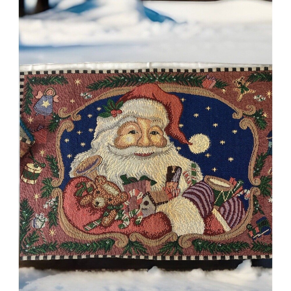 Christmas Santa Claus Furniture Runner Polyester Cotton Blend Tapestry Vintage